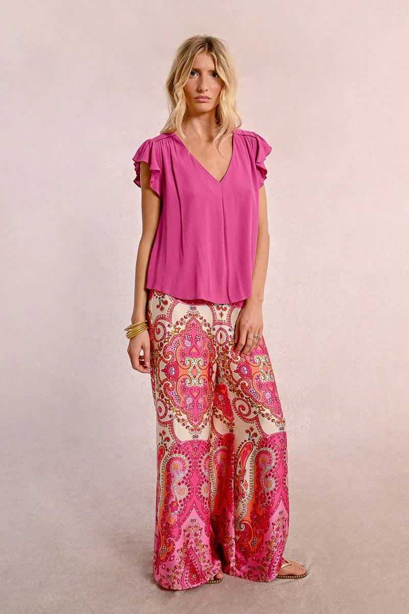 Purple Ruffled Cap Sleeve V-Neck Flowy Shirt Full View Pizzazz Beloit