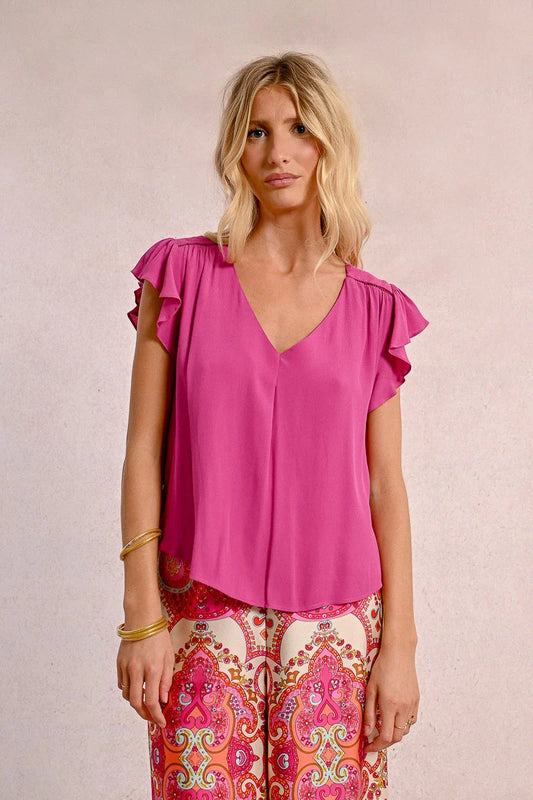 Purple Ruffled Cap Sleeve V-Neck Flowy Shirt Untucked Pizzazz Beloit