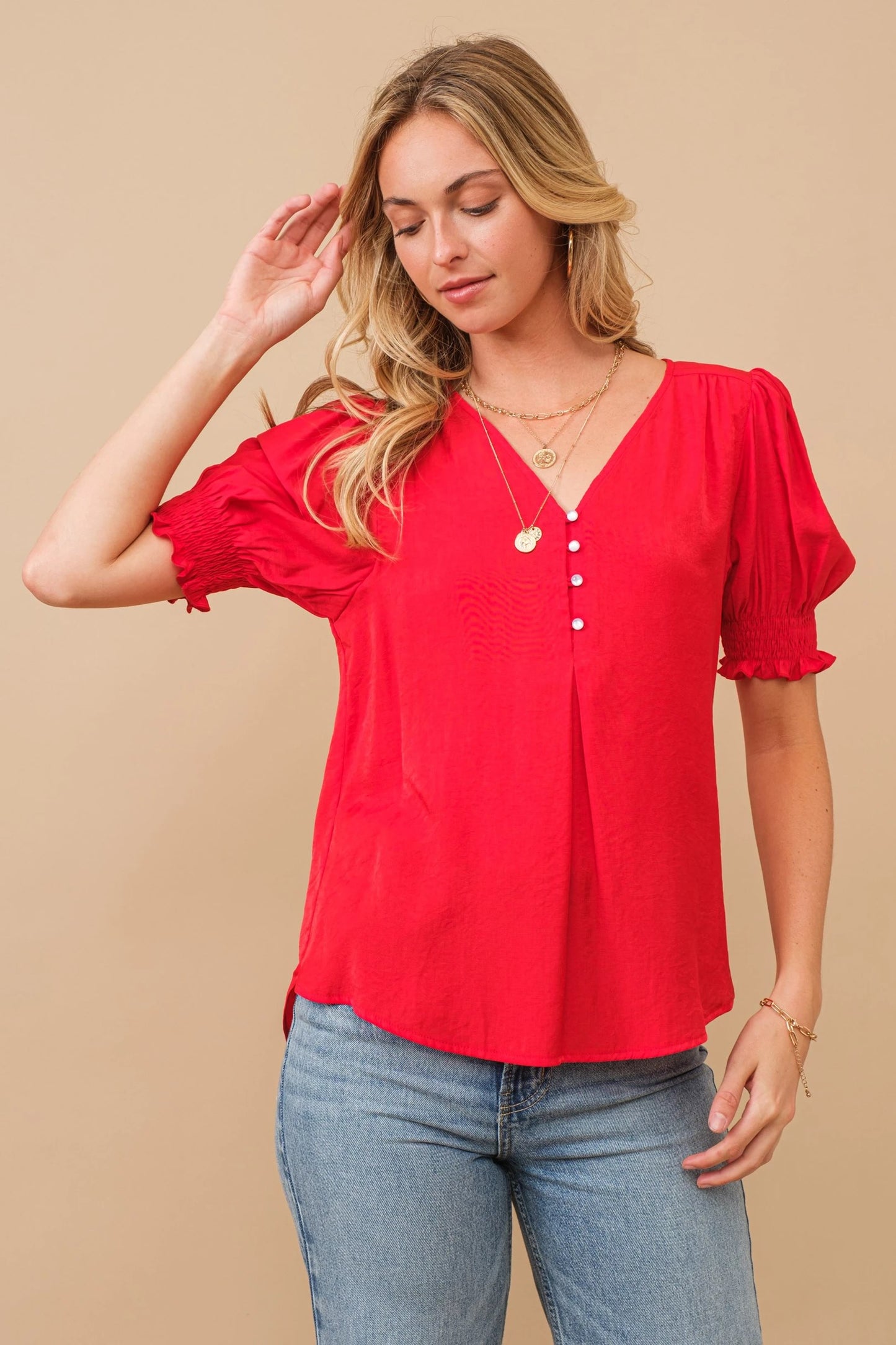 Red Bubble Smocked Sleeve Top Alt View Pizzazz Beloit