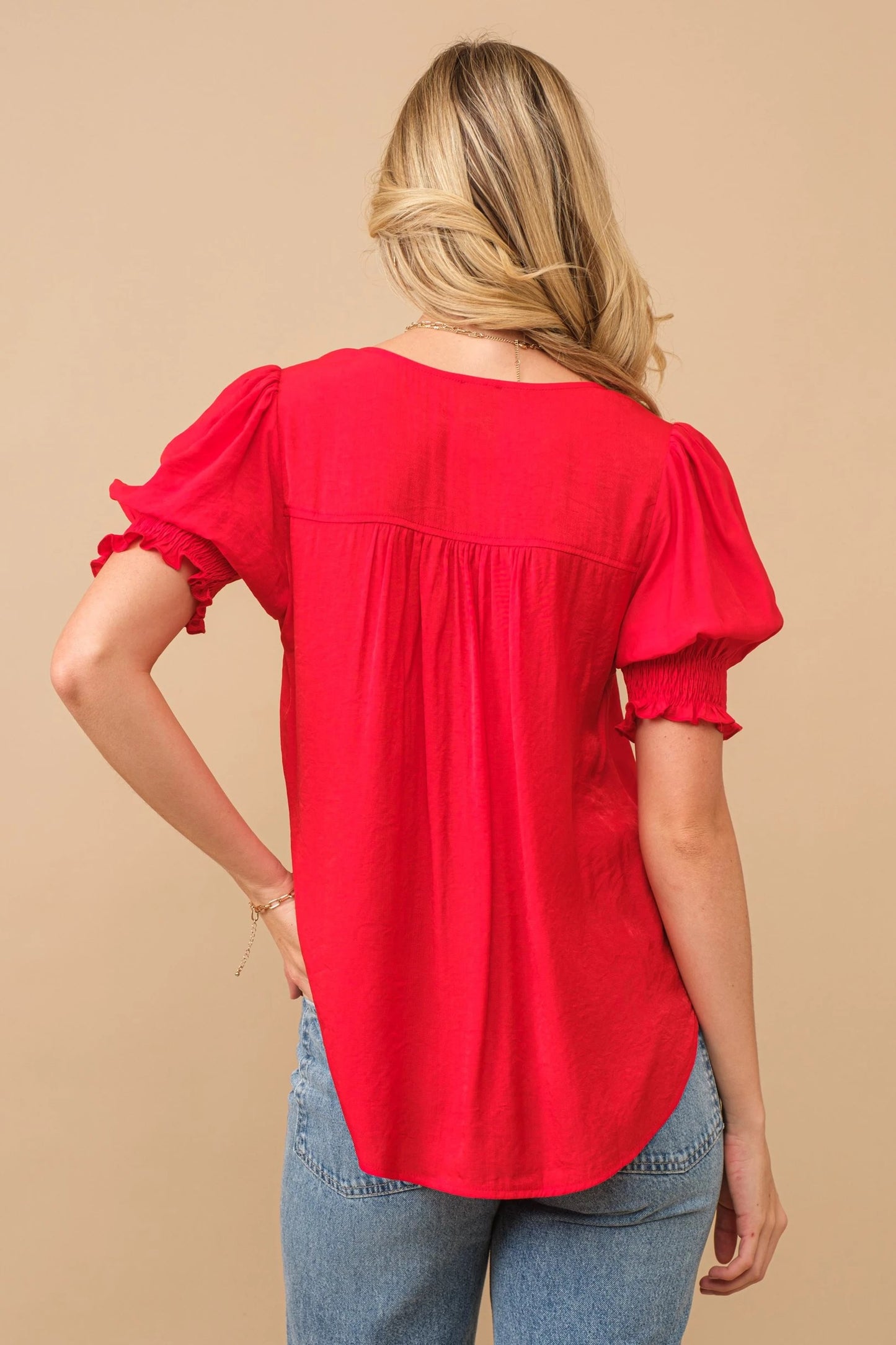 Red Bubble Smocked Sleeve Top Back View Pizzazz Beloit