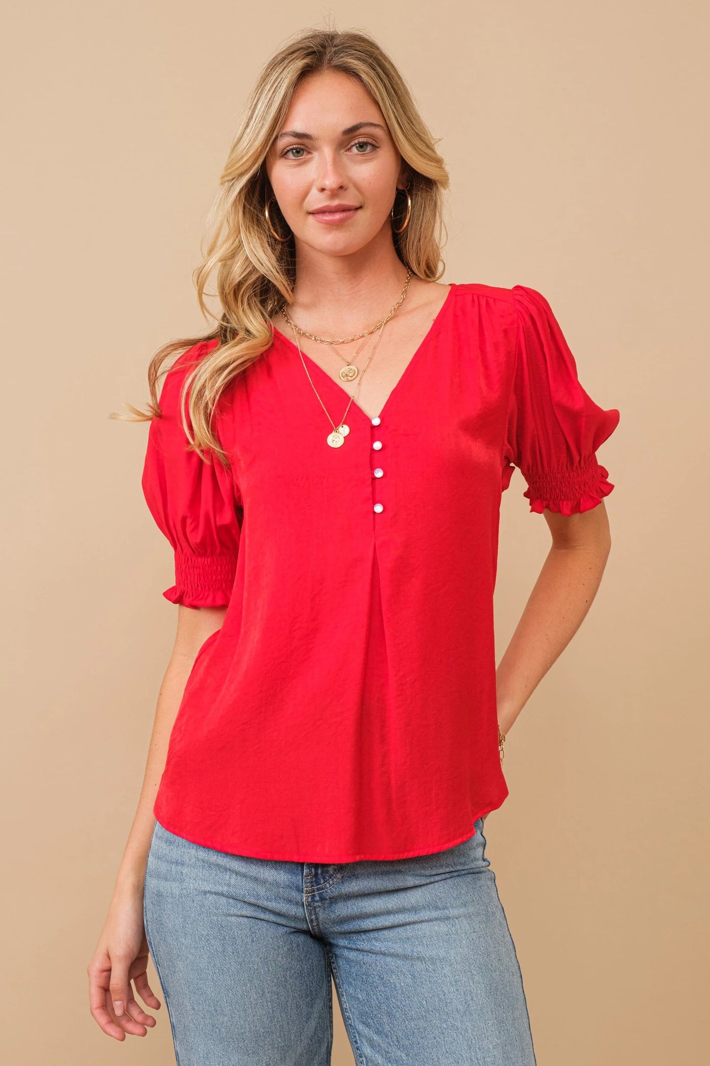 Red Bubble Smocked Sleeve Top Pizzazz Beloit