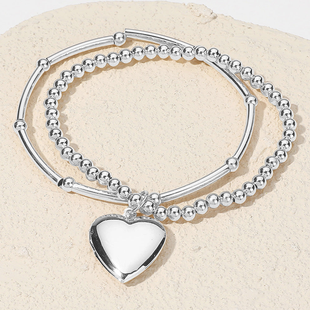 Puffy Heart Charm Double Layered Metal Ball Beaded Stretch Bracelet