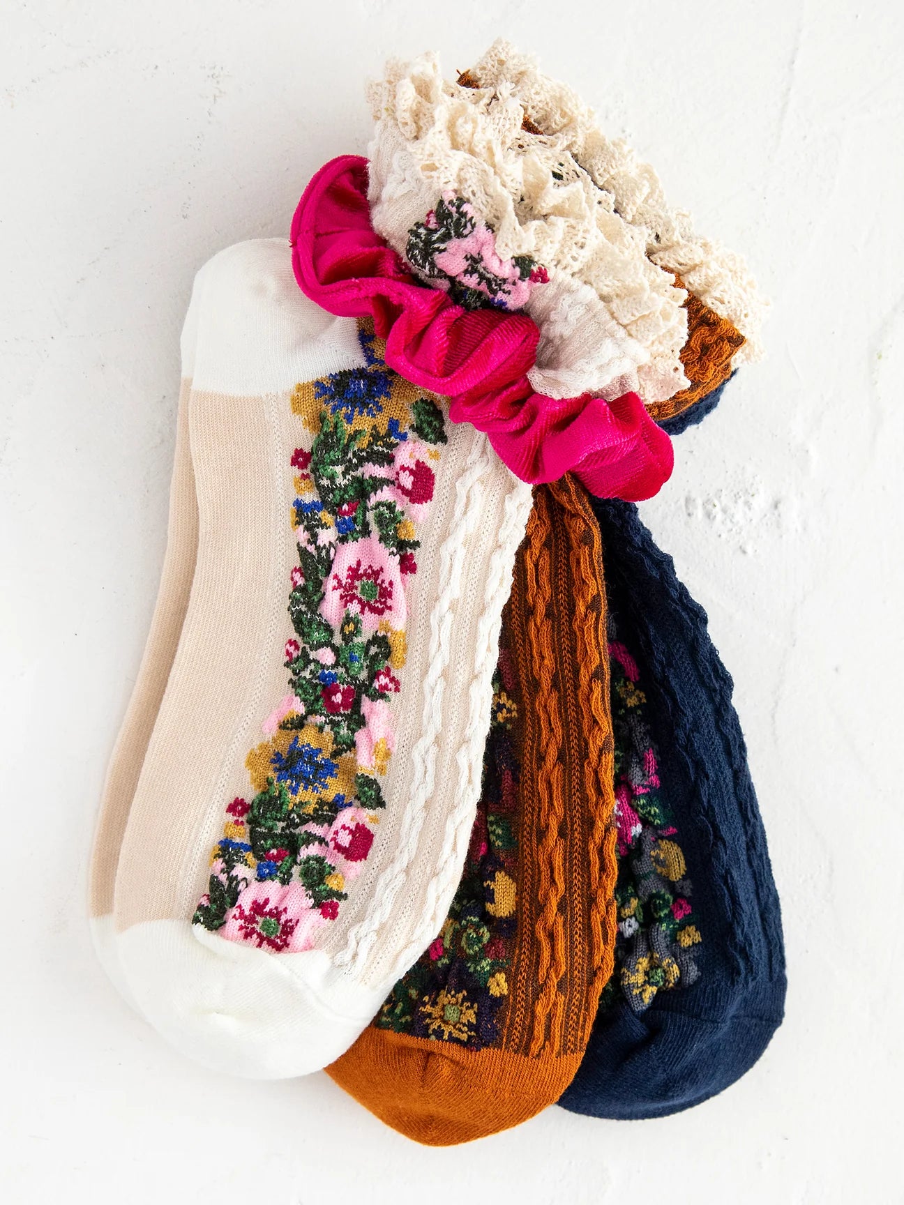 Navy Floral Border Sock and Scrunchie Set