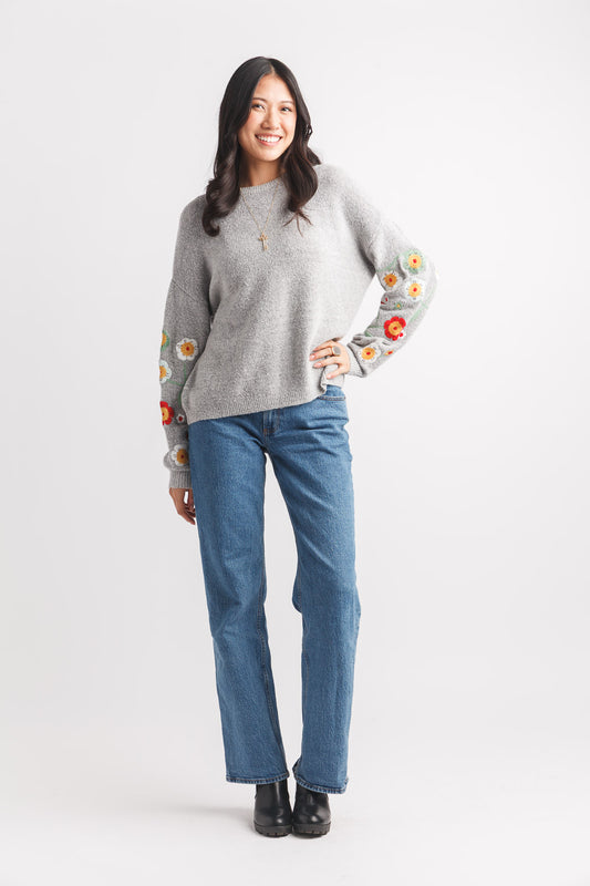 Embroidered Charm Heathered Terry Pullover