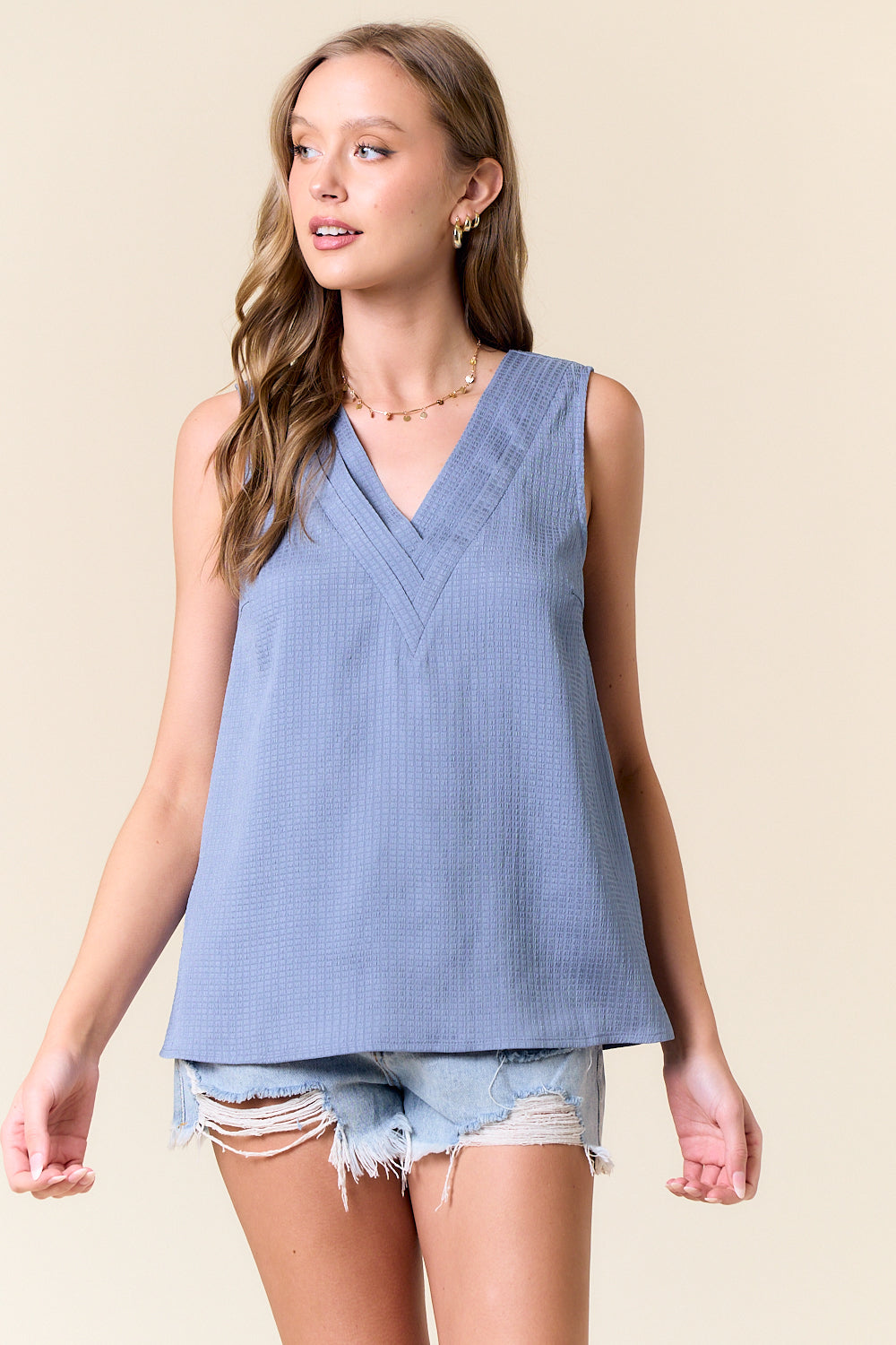 Textured Woven Pleated V-Neck Sleeveless Top Alt View Pizzazz Beloit