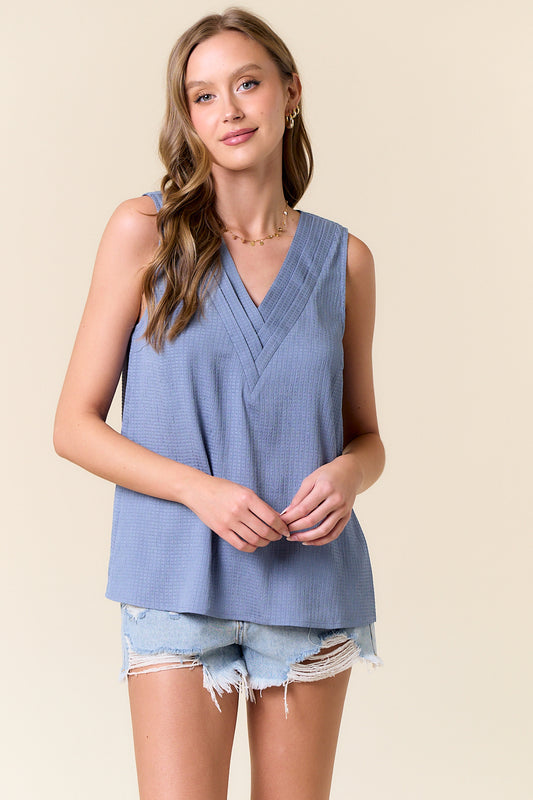 Textured Woven Pleated V-Neck Sleeveless Top Pizzazz Beloit