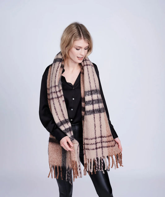 Beige Check Blanket Scarf With Raw Edges And Soft Fabric