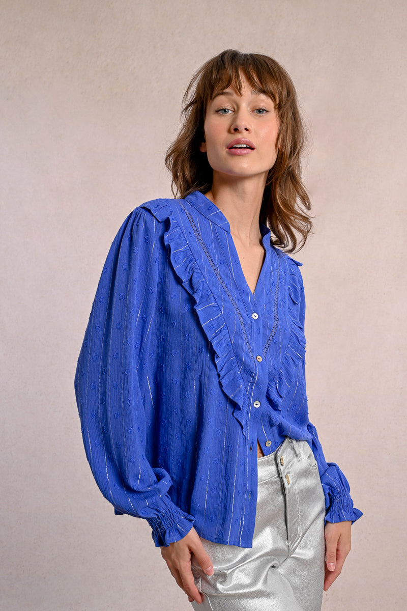 Tunisian Collar Ruffle Accent Button Up Shirt Close View Pizzazz Beloit