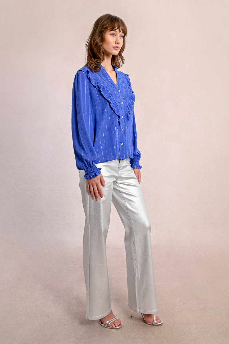 Tunisian Collar Ruffle Accent Button Up Shirt Full View Pizzazz Beloit