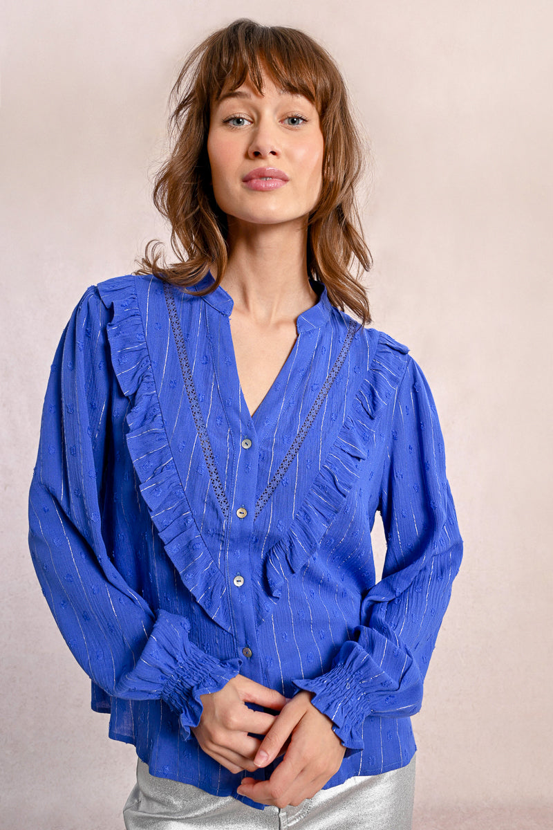 Tunisian Collar Ruffle Accent Button Up Shirt Pizzazz Beloit