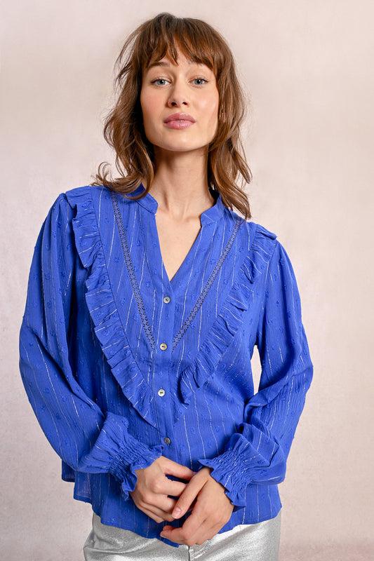 Tunisian Collar Ruffle Accent Button Up Shirt Pizzazz Beloit