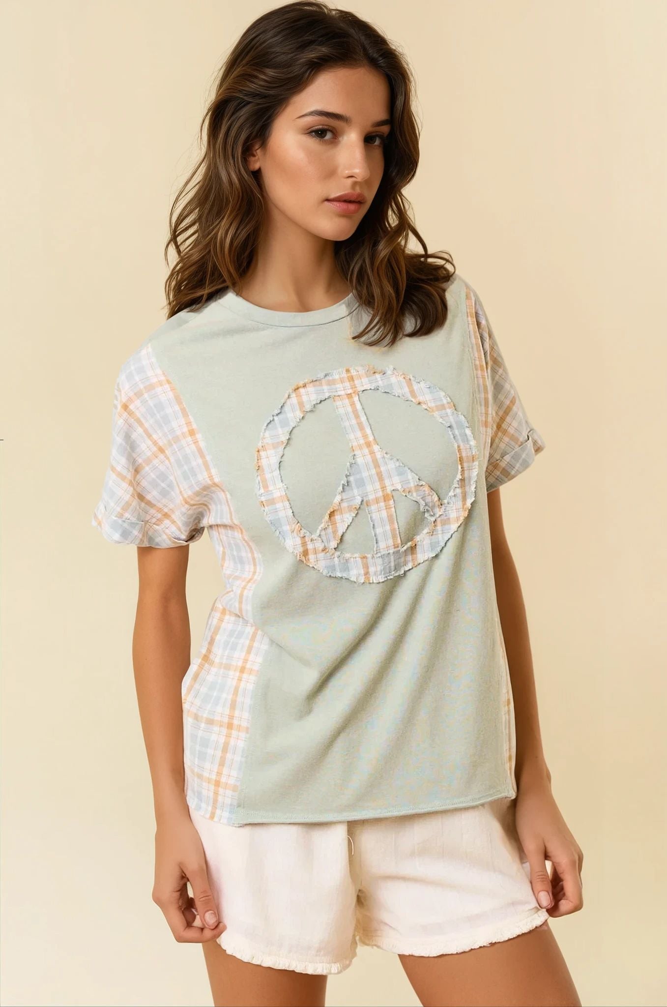 Vintage Inspired Oversized Peace Patch Top Alt View Pizzazz Beloit