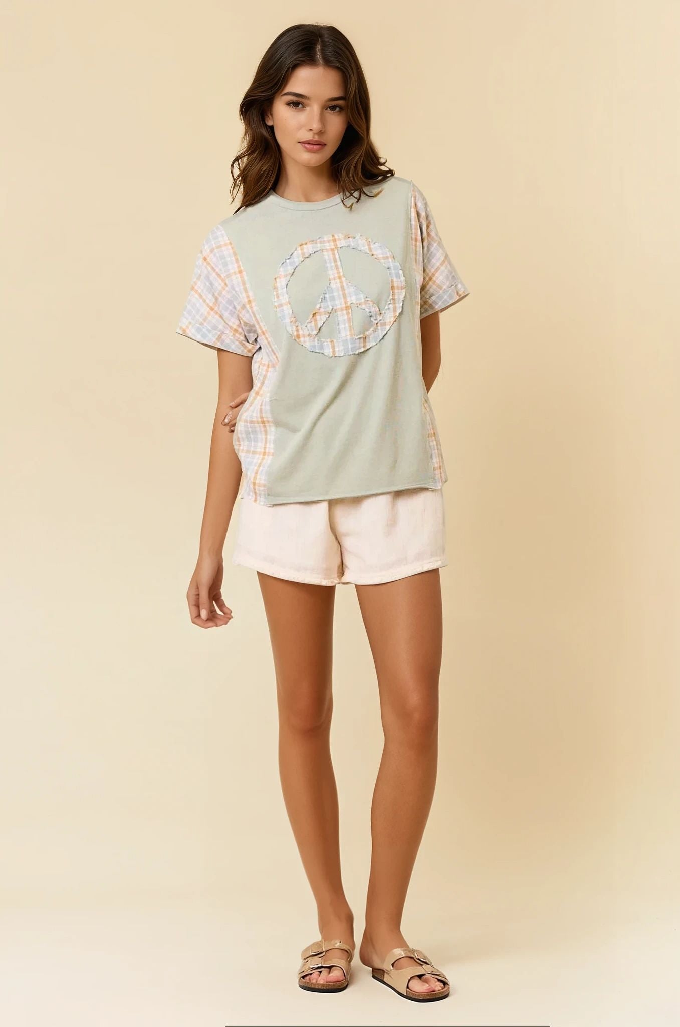 Vintage Inspired Oversized Peace Patch Top Full View Pizzazz Beloit