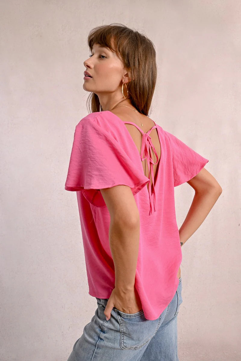 Flutter Sleeve Open Tie Back Top