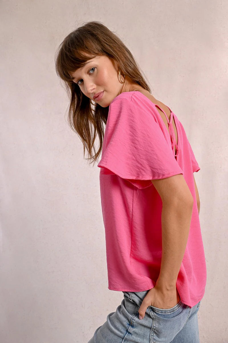 Flutter Sleeve Open Tie Back Top