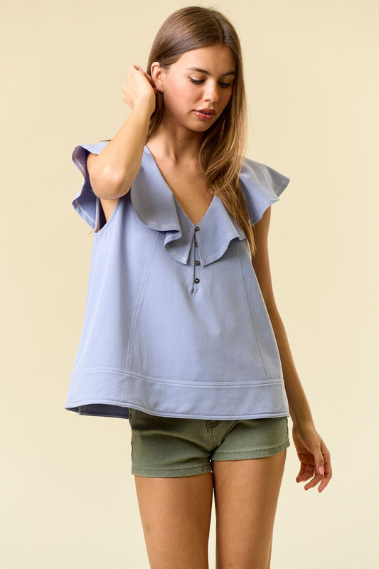 Twill Ruffle-Neck Swing Blouse