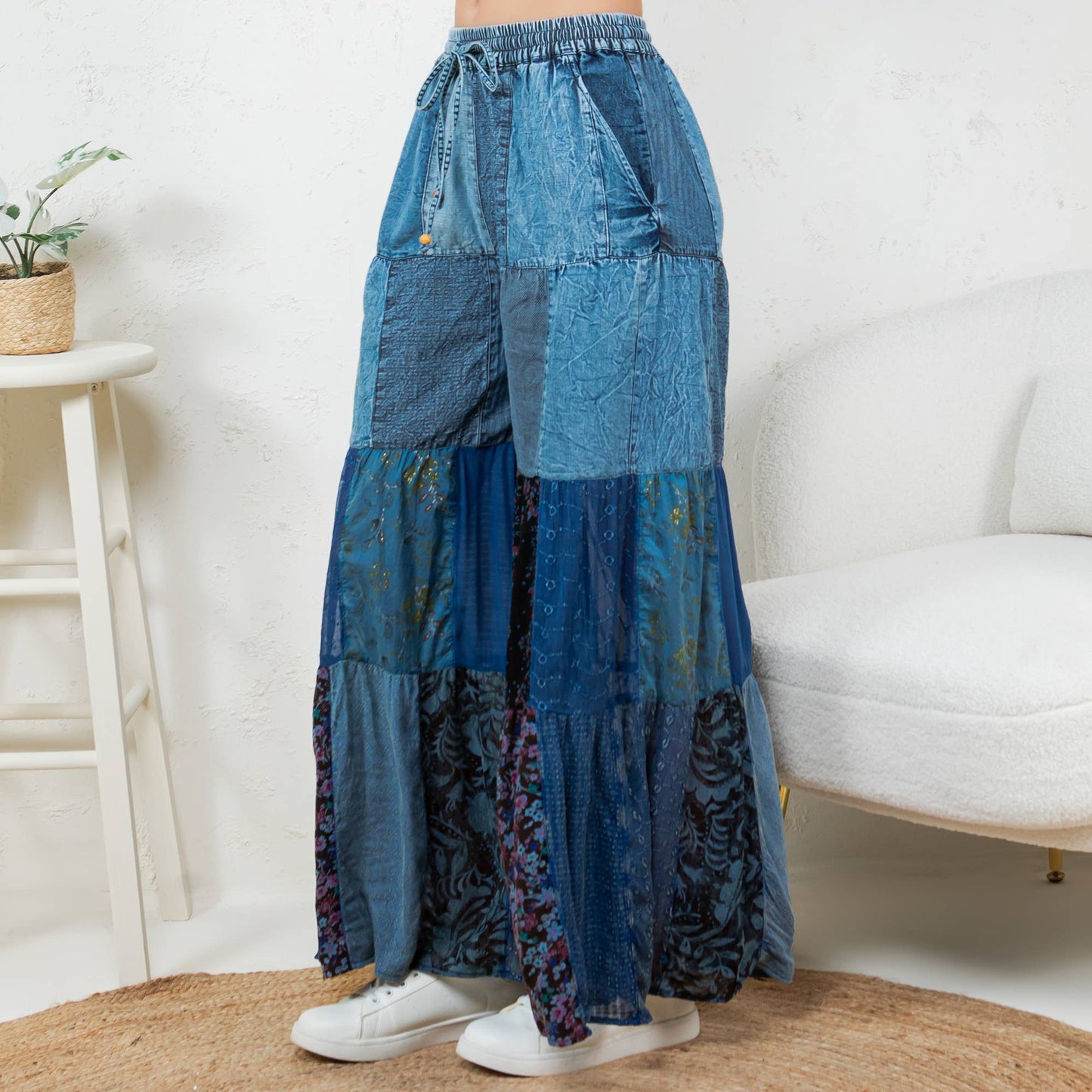 Western Boho Chic: Tiered Patch Inserted Denim Pants
