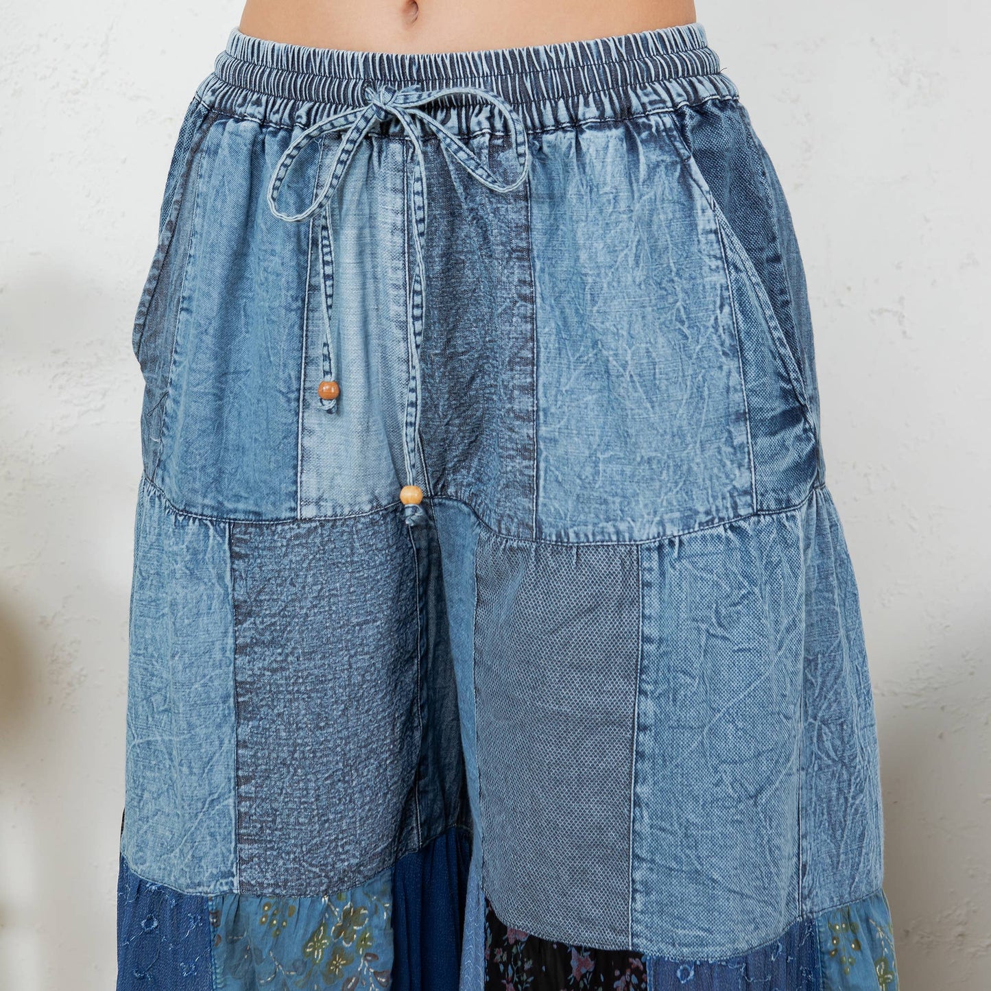 Western Boho Chic: Tiered Patch Inserted Denim Pants