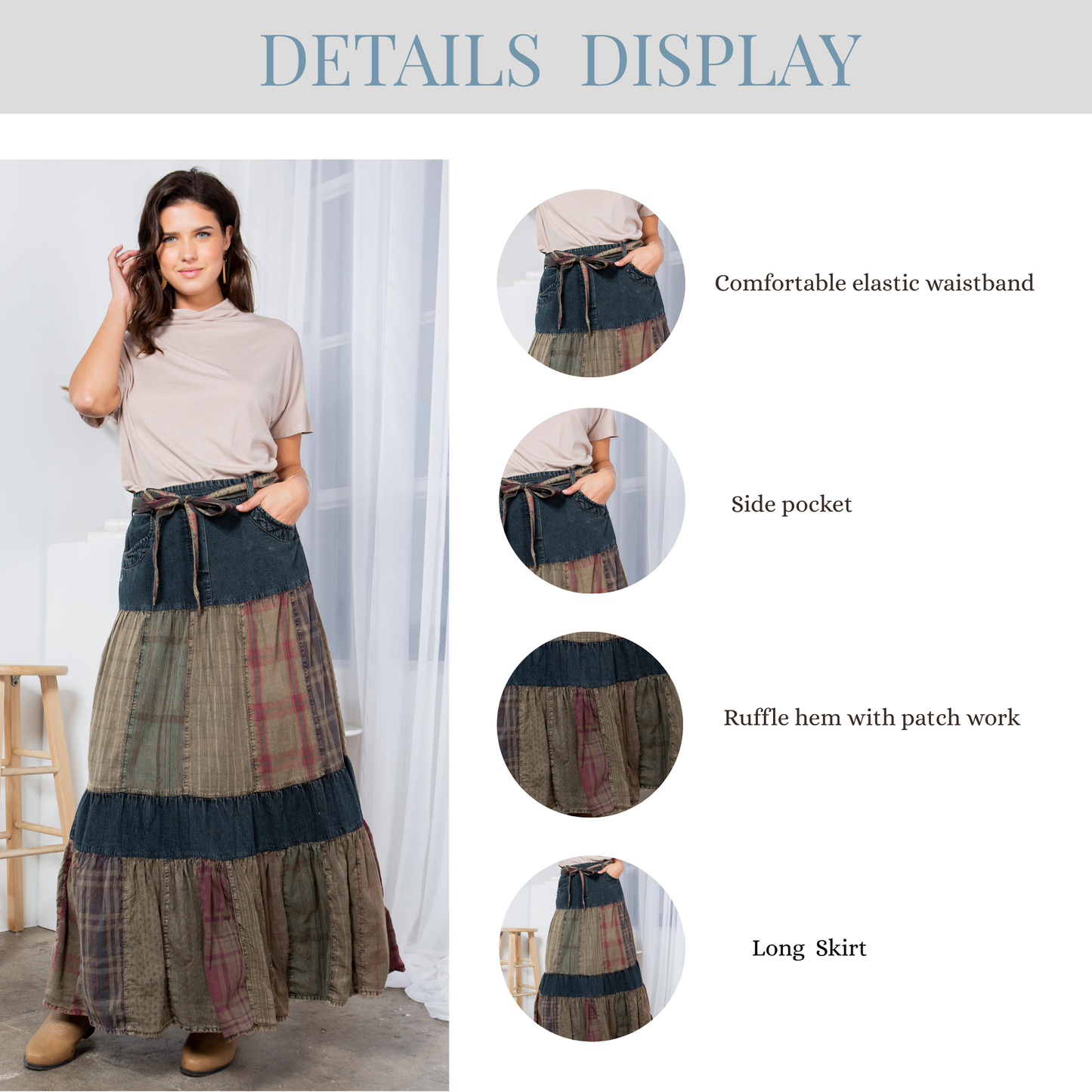 Cherokee Western Delight: Long Denim Tiered Skirt With Patch