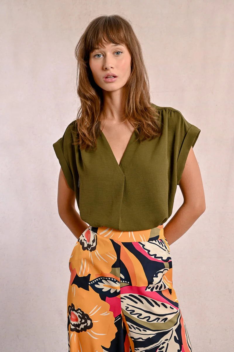 V-Neck Fluid Cap Sleeve Blouse