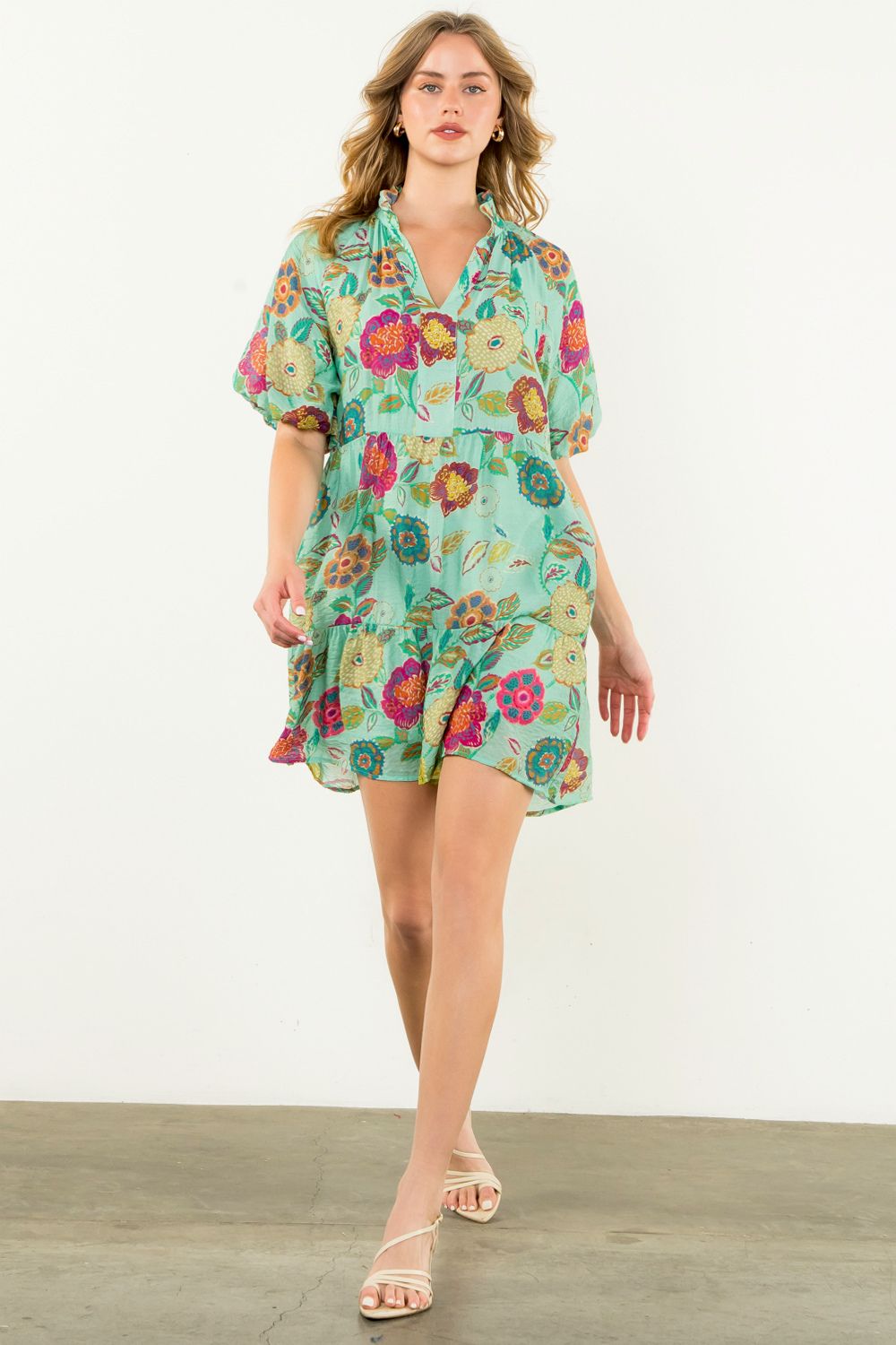 Aqua Puff Sleeve Floral Dress