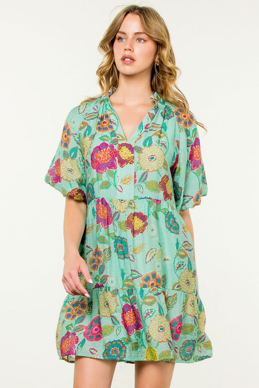 Aqua Puff Sleeve Floral Dress