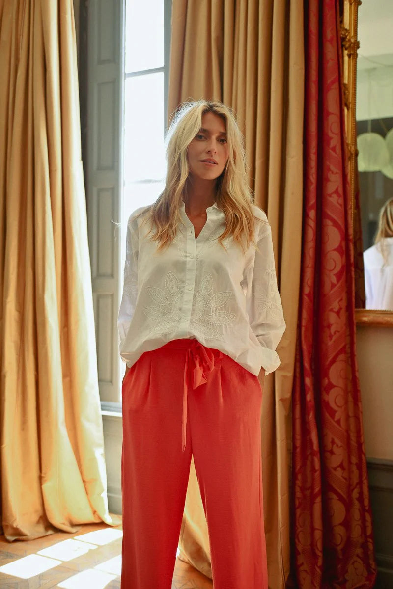 Tone-On-Tone Embroidered Button Up Blouse