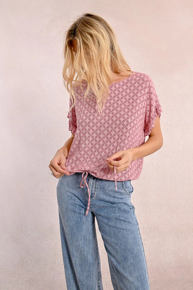 Ruffle Sleeve Drawstring Waist Oversized Top