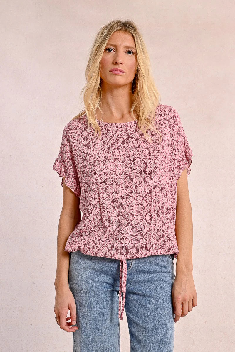 Ruffle Sleeve Drawstring Waist Oversized Top