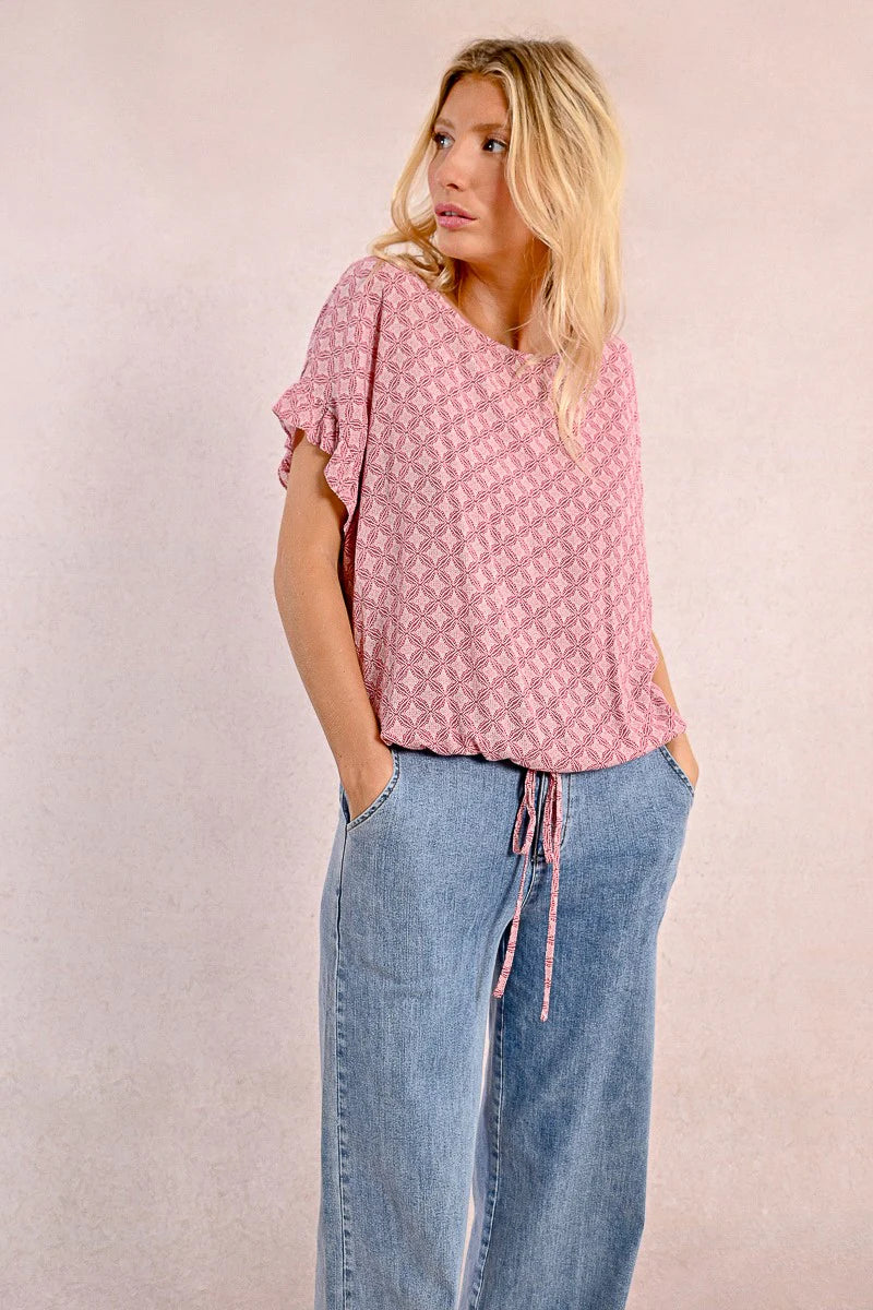 Ruffle Sleeve Drawstring Waist Oversized Top