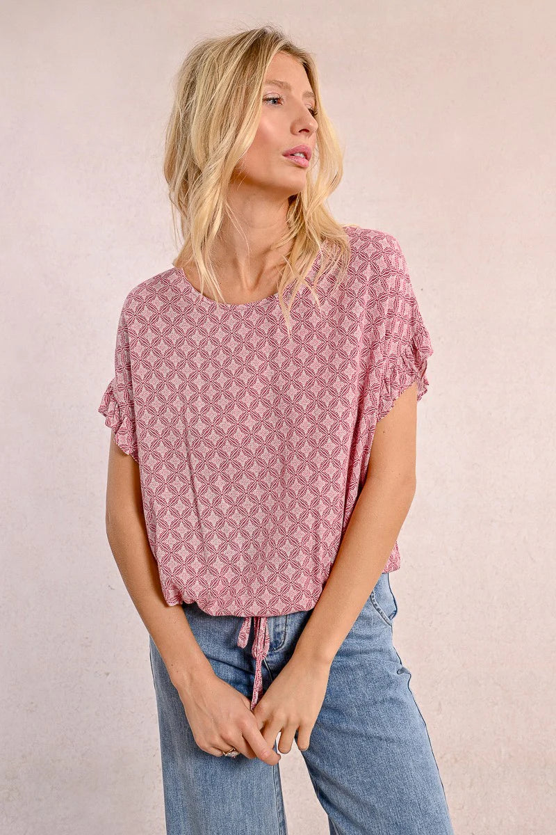 Ruffle Sleeve Drawstring Waist Oversized Top