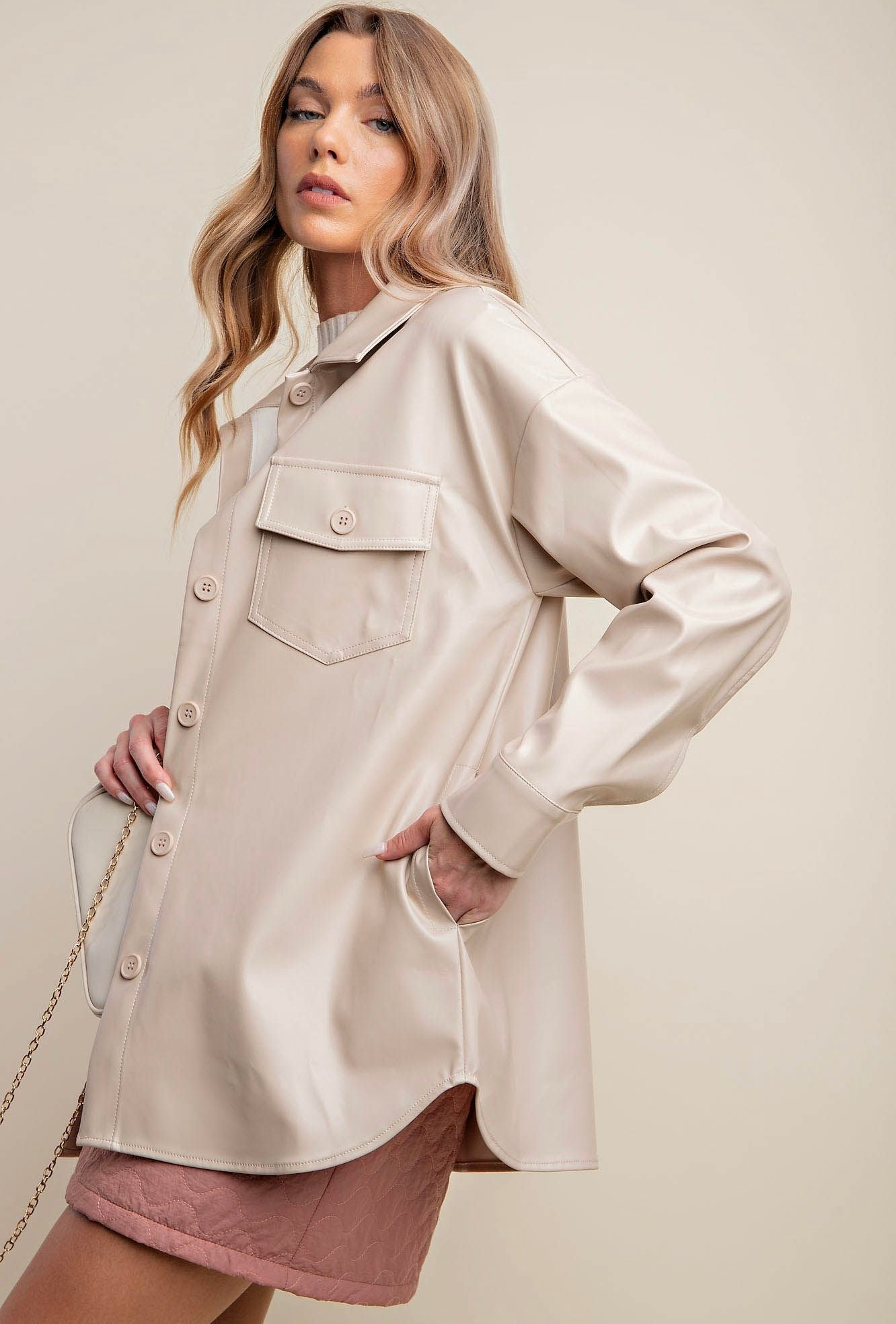 Loose Fit Faux Leather Button Up Shirt