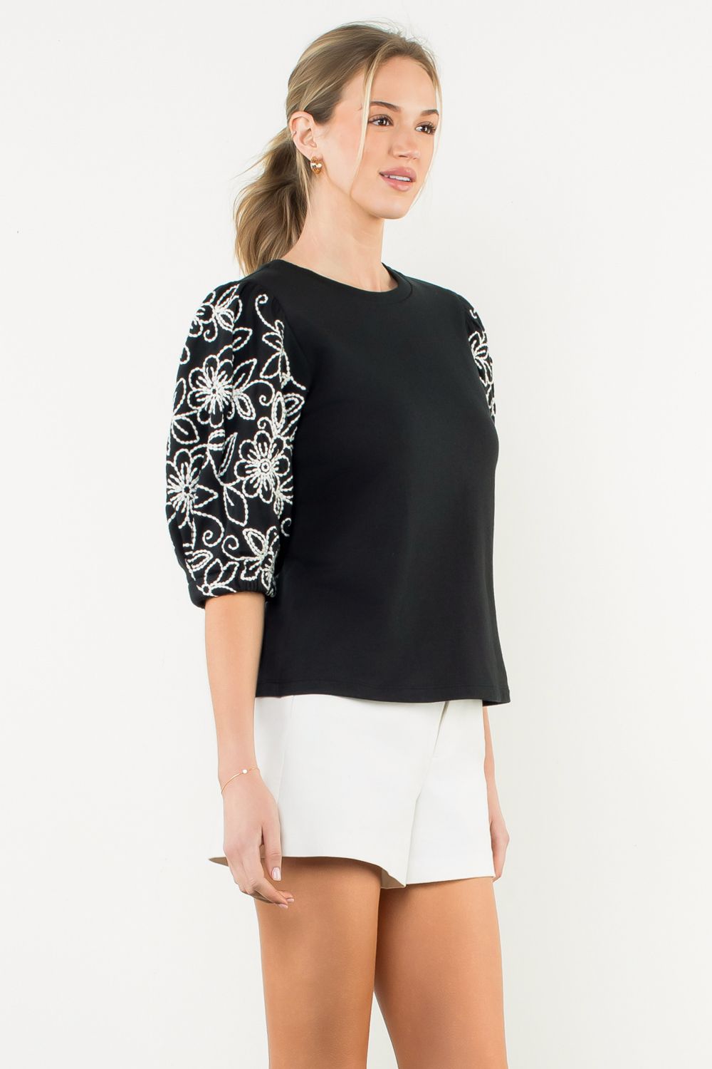 Midnight Bloom Puff Sleeve Knit Top
