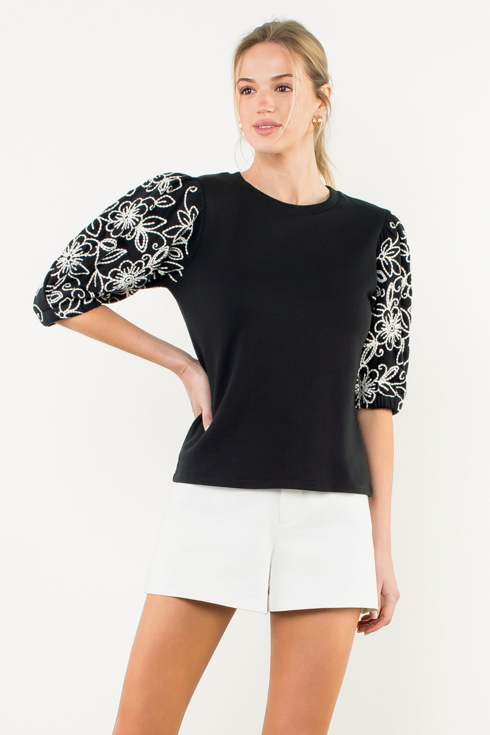 Midnight Bloom Puff Sleeve Knit Top
