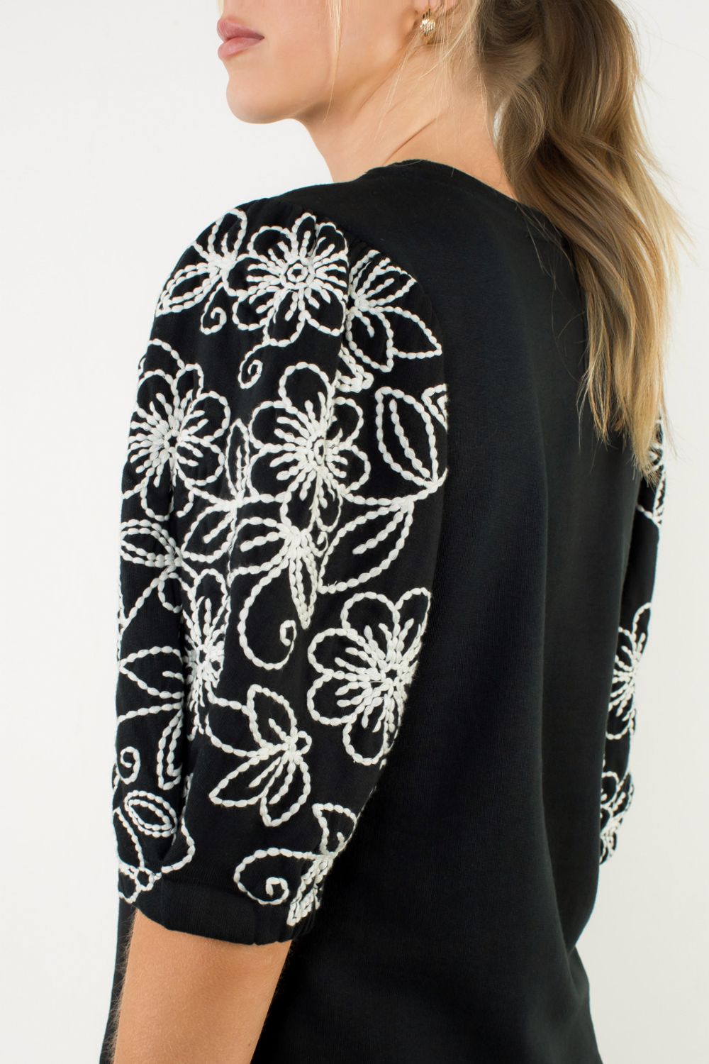 Midnight Bloom Puff Sleeve Knit Top