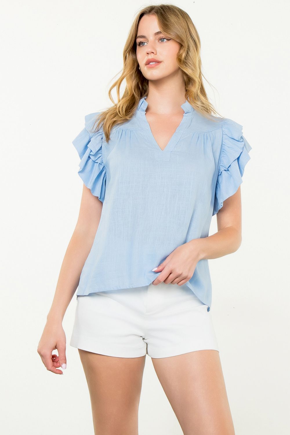Light Blue Flutter Sleeve V-Neck Top