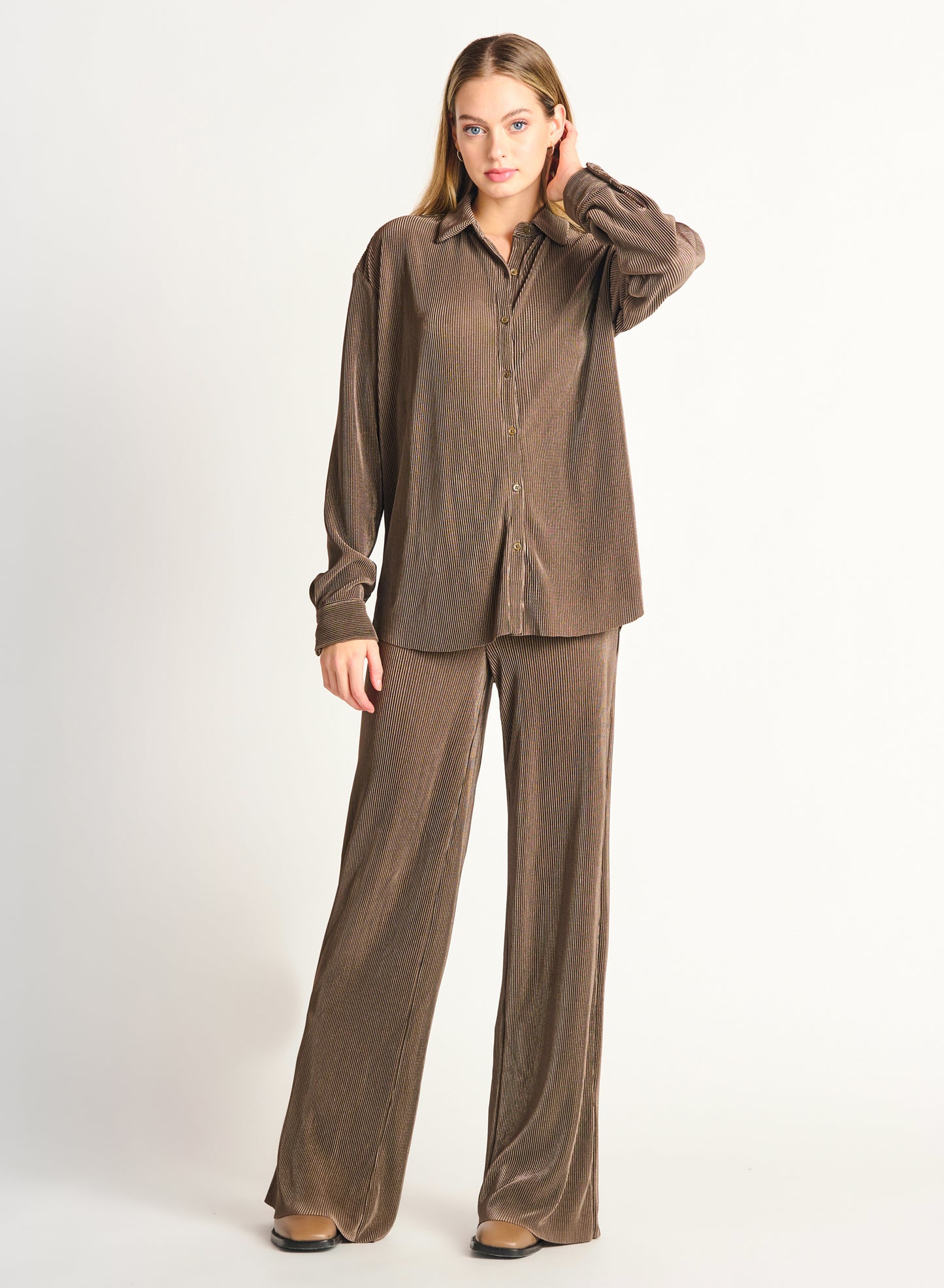 Mocha Pleated Button Down Shirt