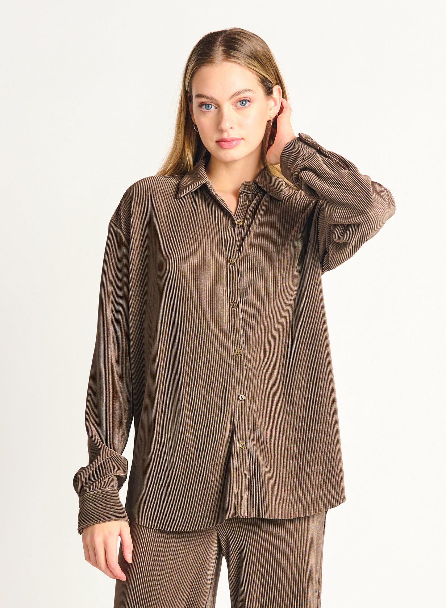 Mocha Pleated Button Down Shirt