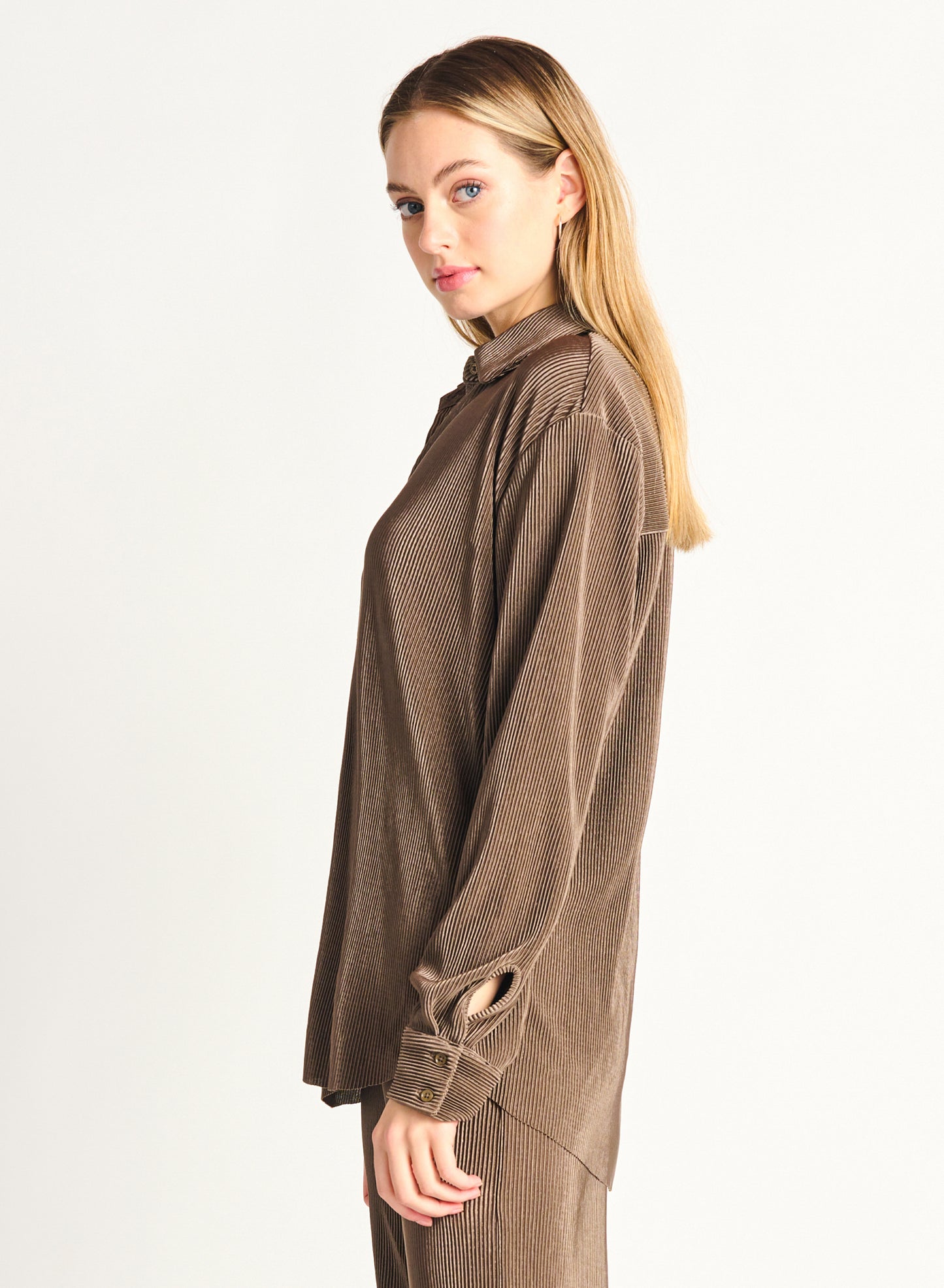 Mocha Pleated Button Down Shirt