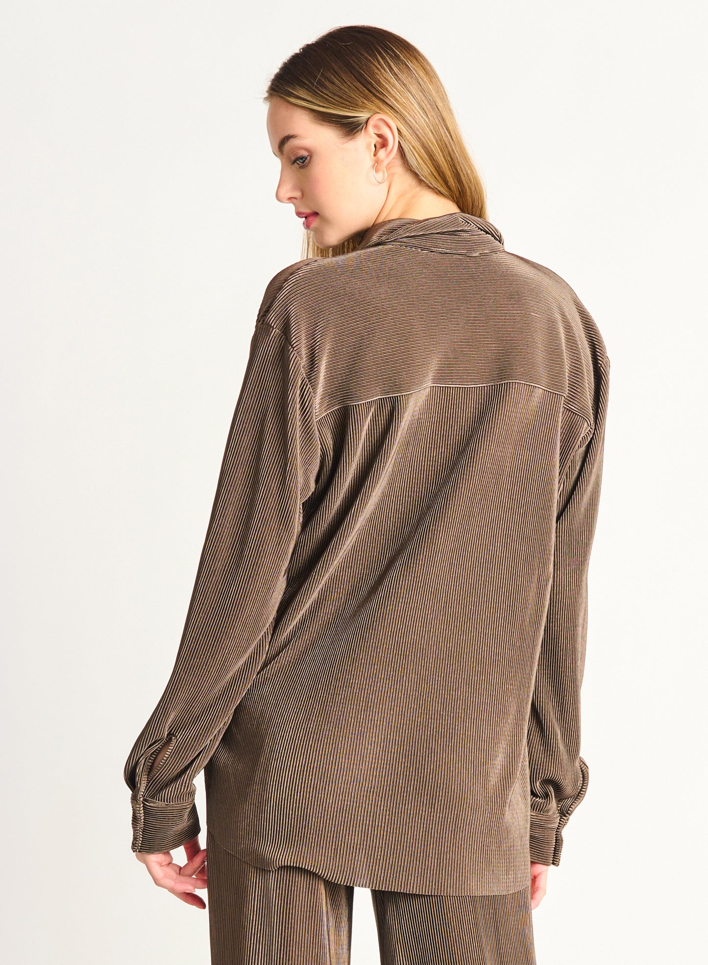 Mocha Pleated Button Down Shirt