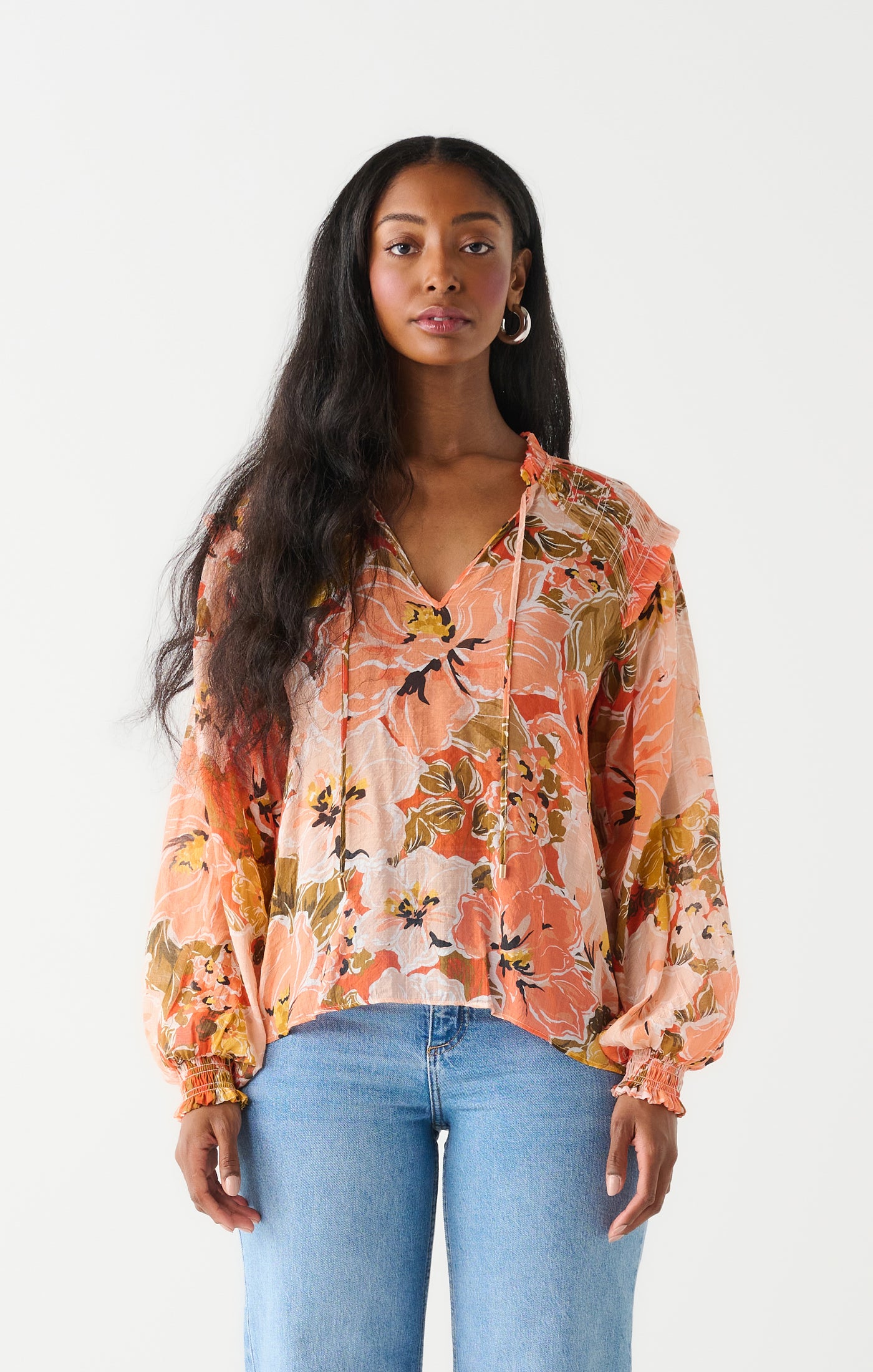 Peachy Floral Smocked Shoulder Blouse