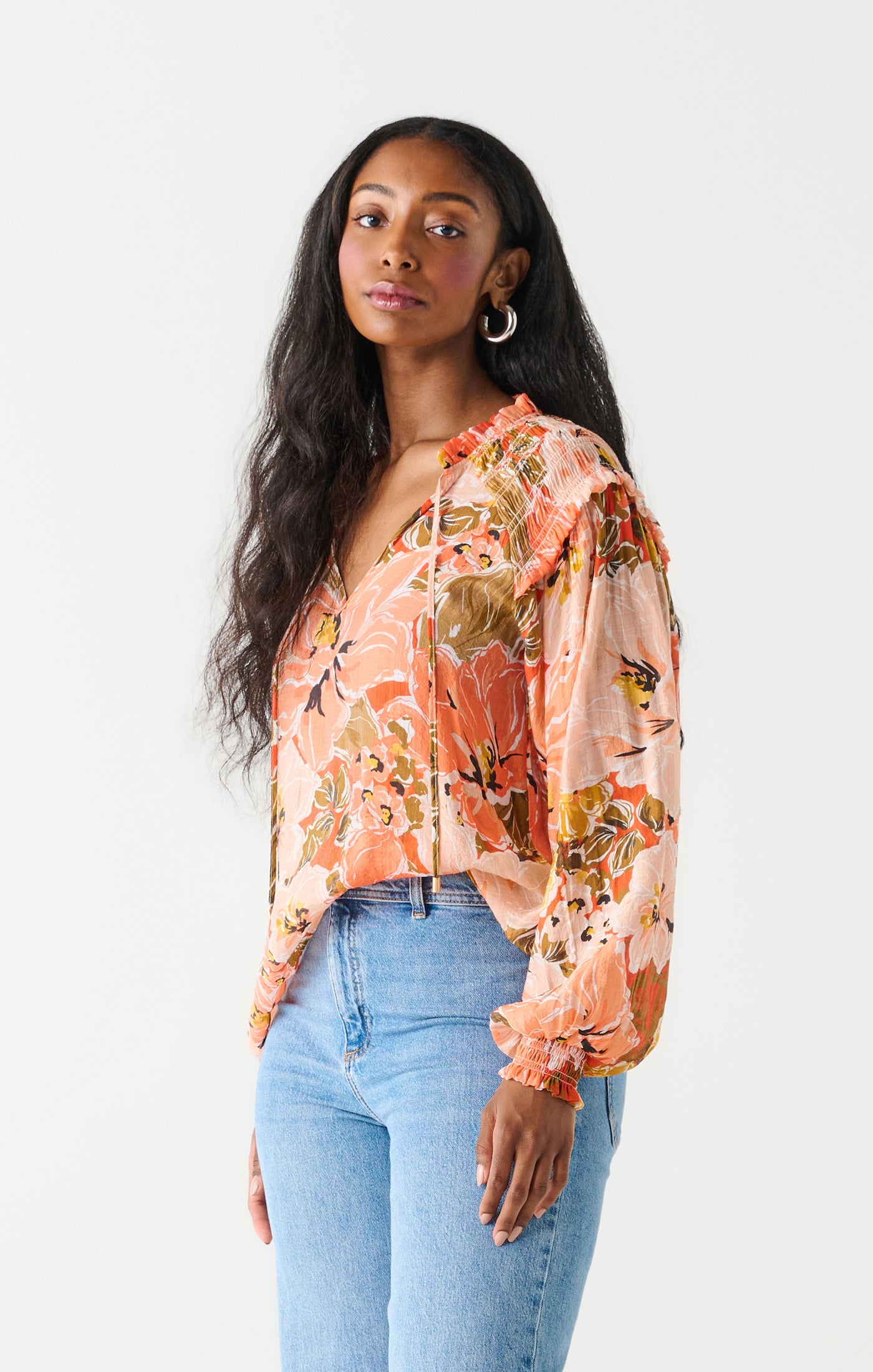 Peachy Floral Smocked Shoulder Blouse