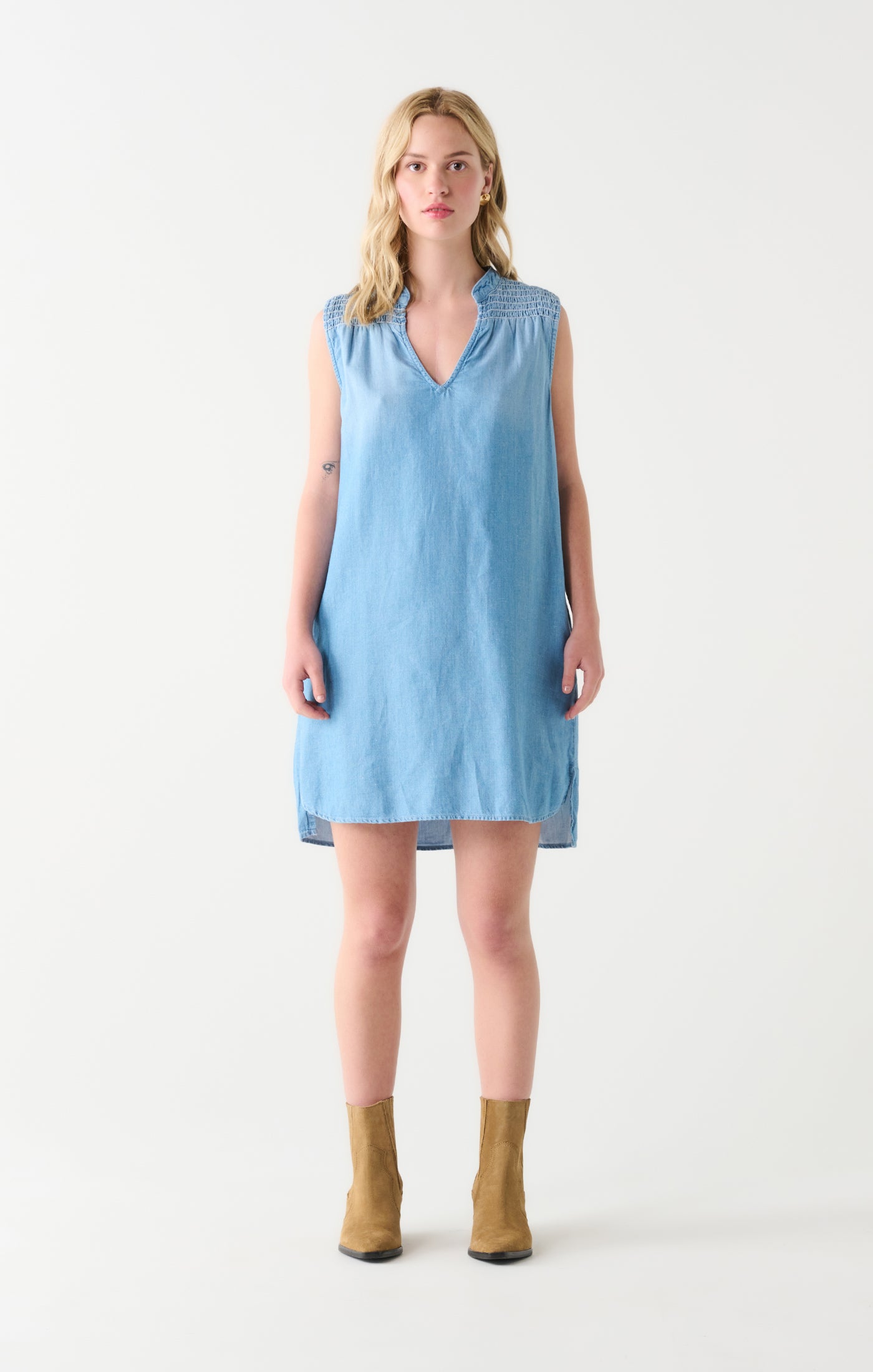 Chambray Smocked Shoulder Mini Dress