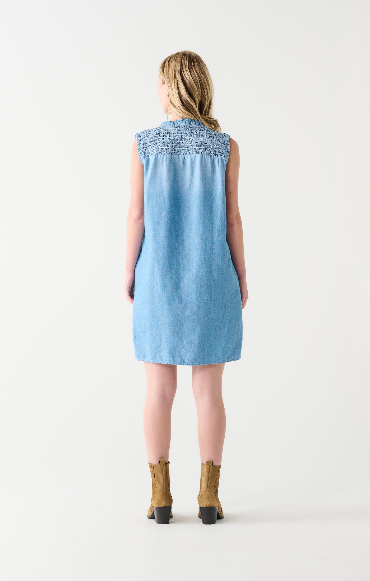 Chambray Smocked Shoulder Mini Dress