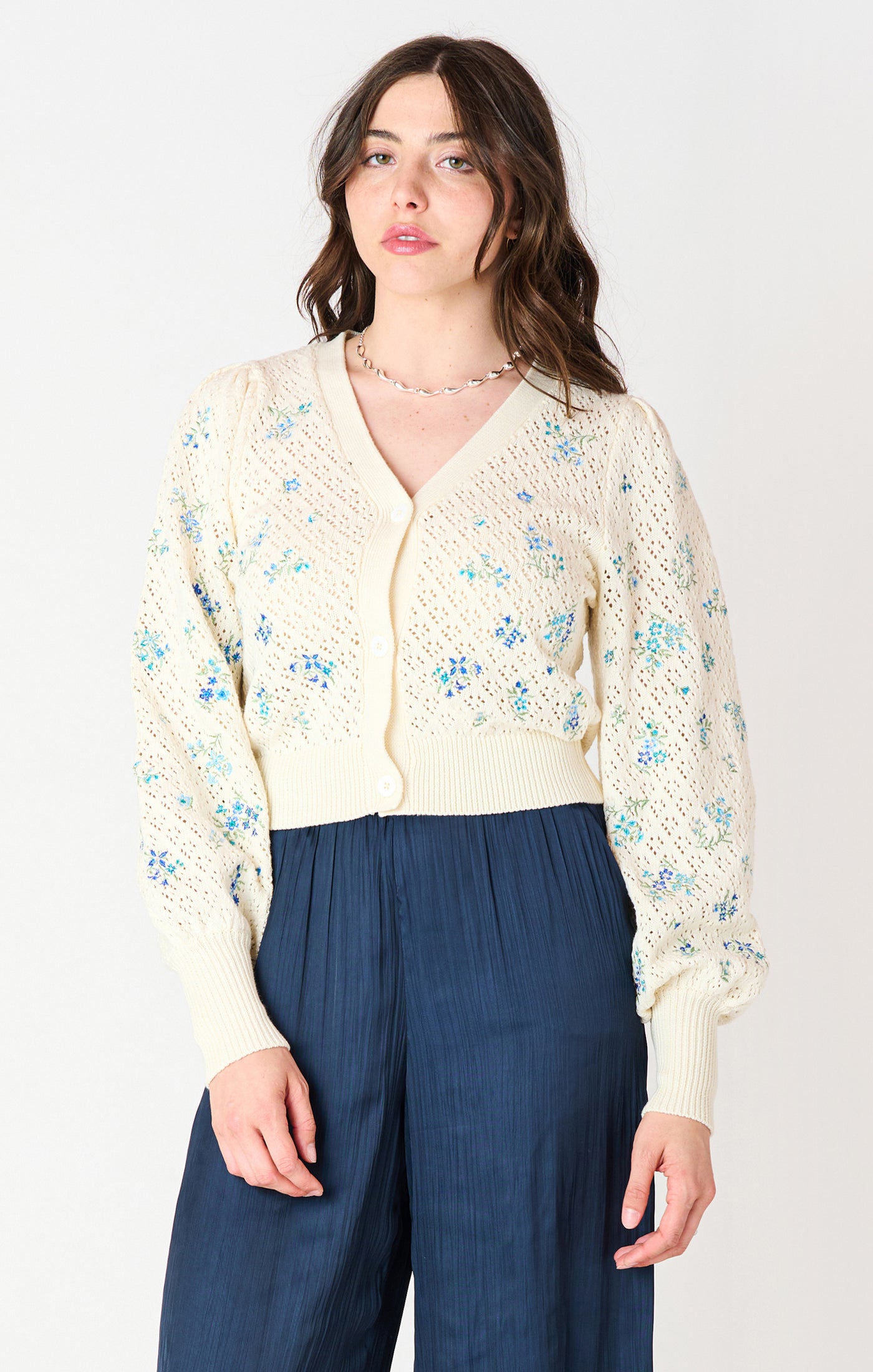 Blue Floral Pointelle Embroidered Cardigan