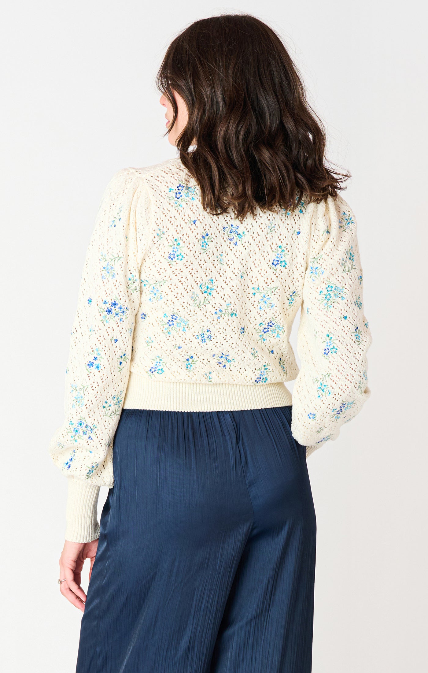 Blue Floral Pointelle Embroidered Cardigan
