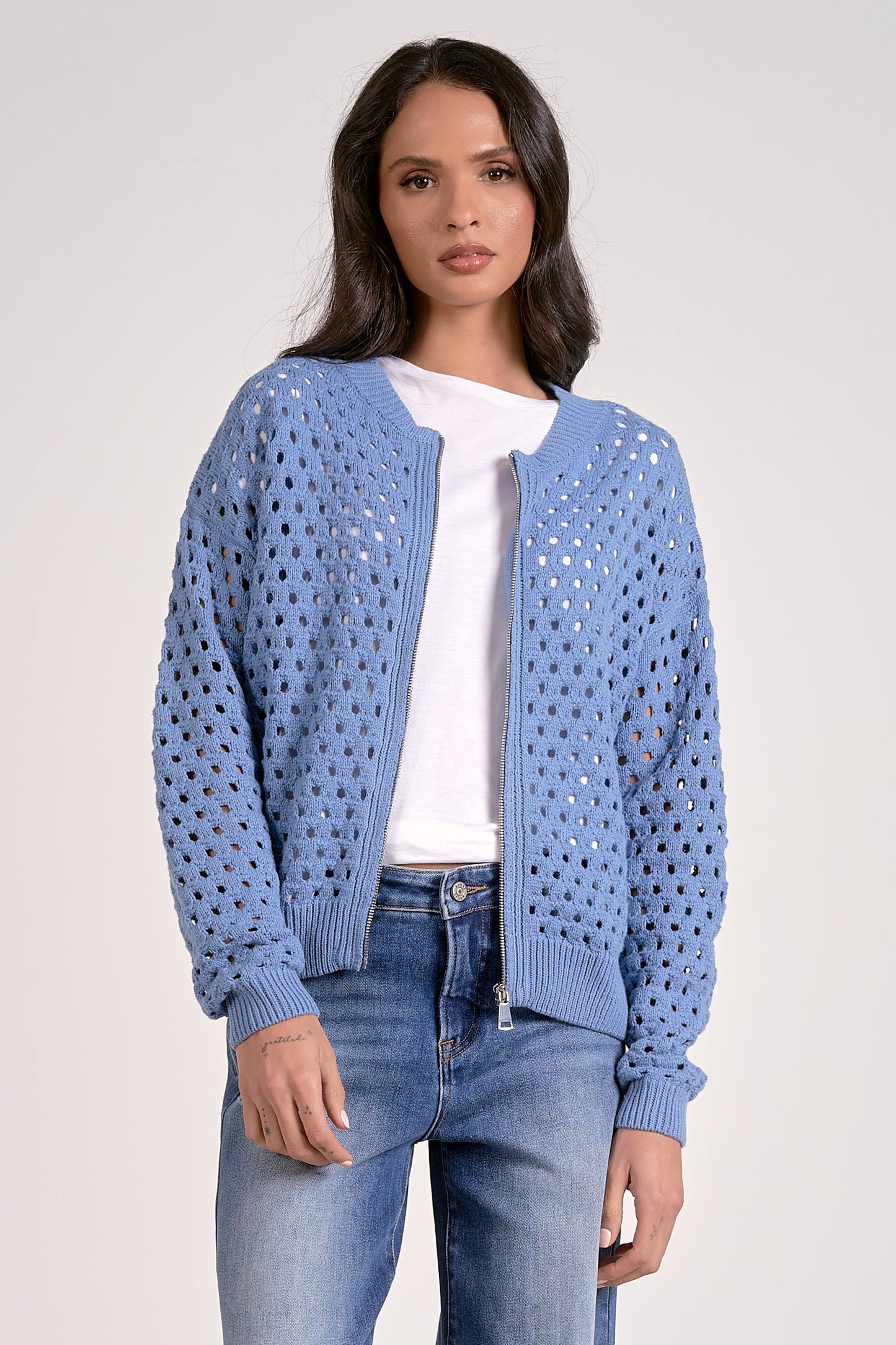 Breezy Beauty Open Weave Zip Sweater