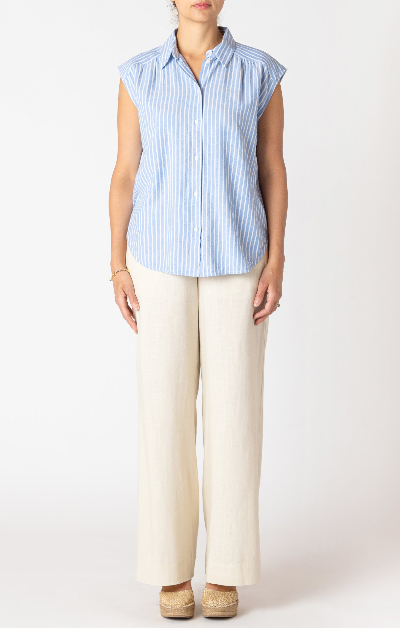 Chambray Cap Sleeve Collared Button Up Shirt