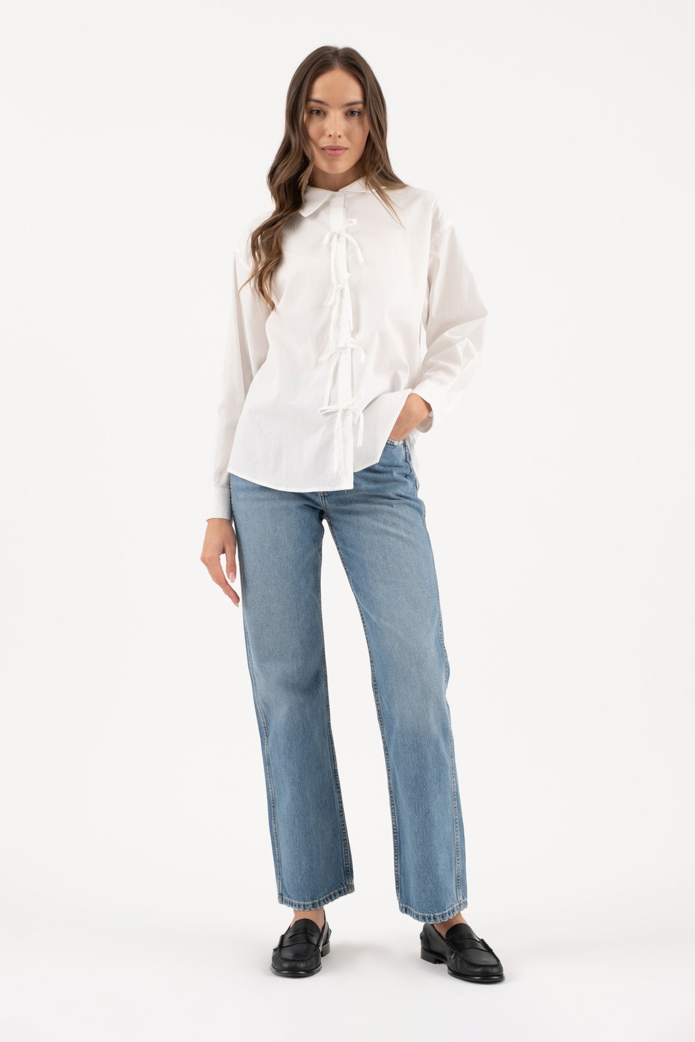 Ribbon Detail Poplin Long Sleeve Top