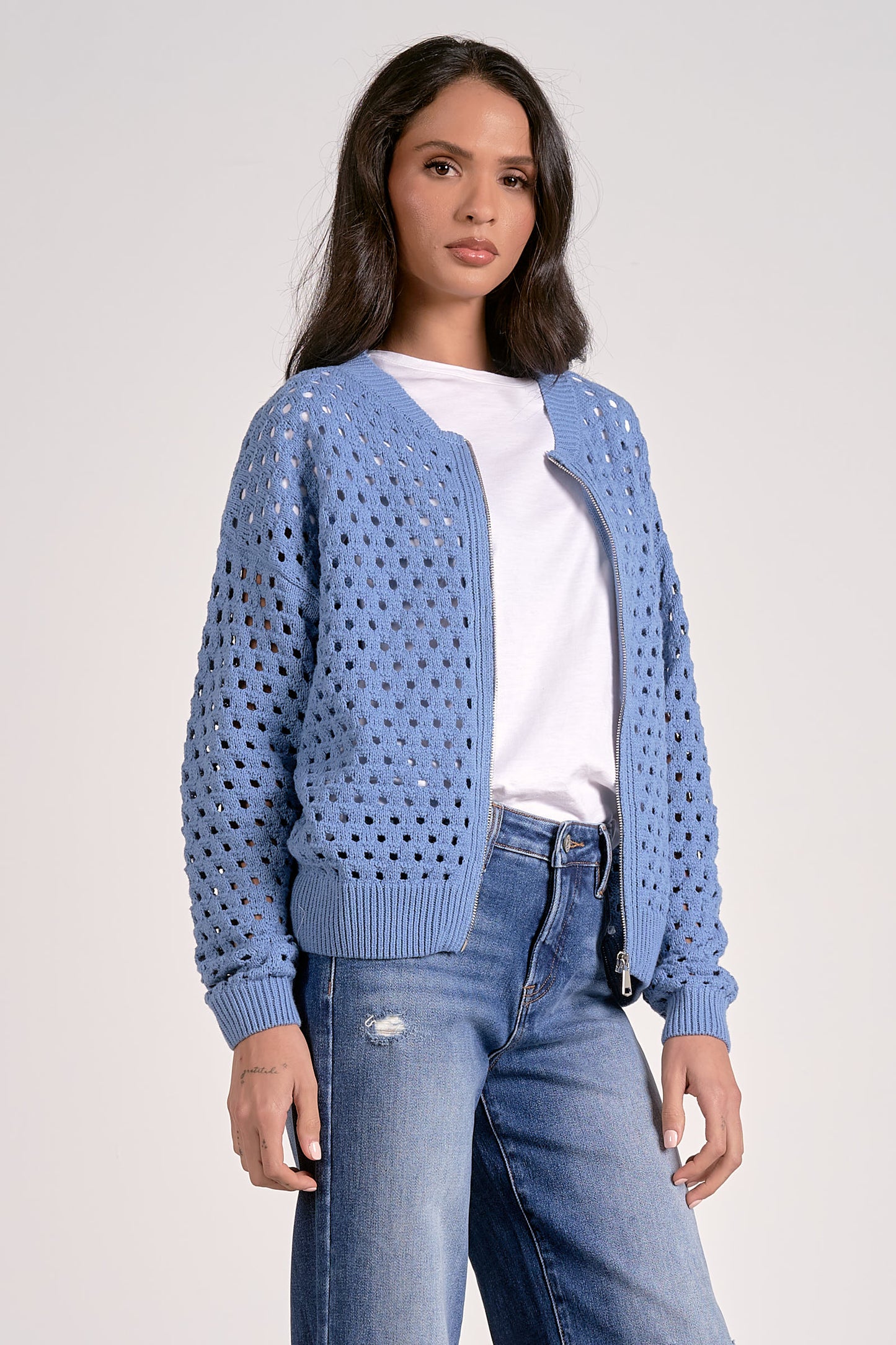 Breezy Beauty Open Weave Zip Sweater